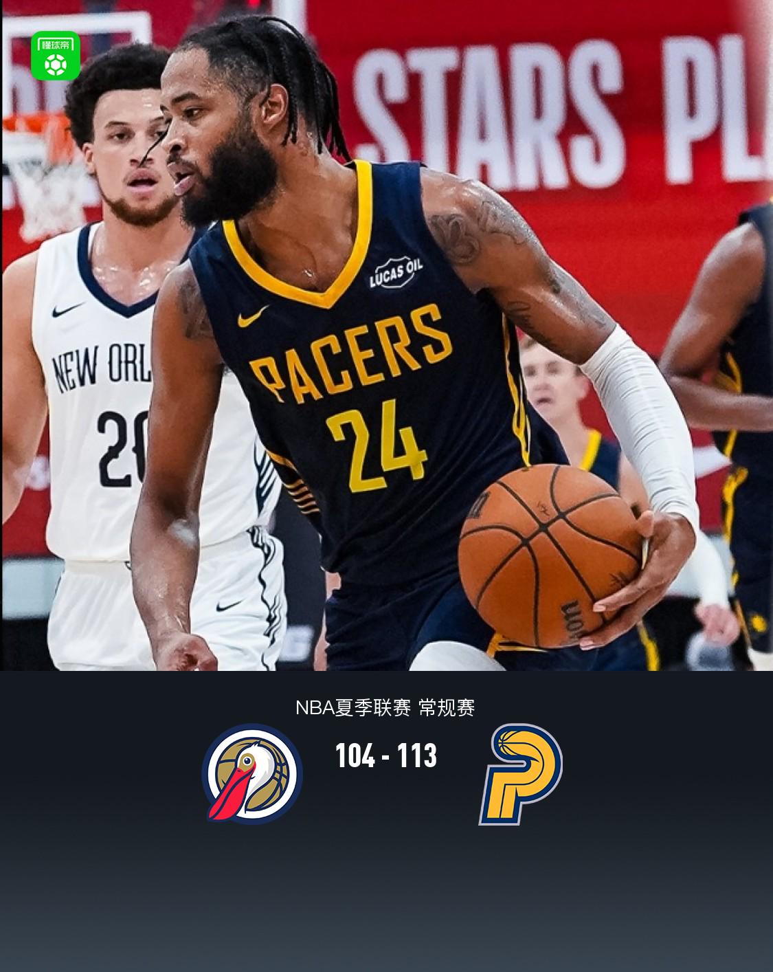 步行者勝鵜鶘，貝克26+10，費(fèi)爾斯20+7+4，113-104