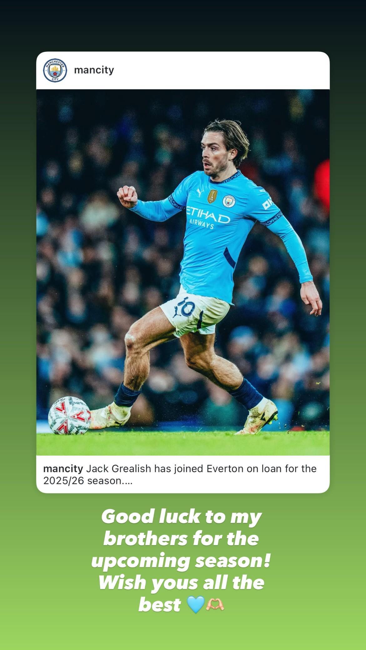 格拉利什致謝曼城祝福，祝兄弟新季好運(yùn)