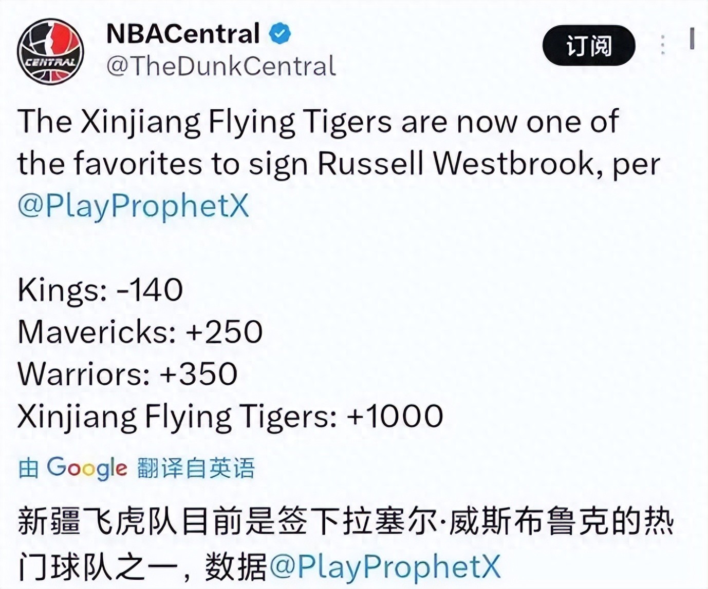 威少CBA加盟新疆，賠率榜第四，上季場均13分，休賽期無人關(guān)注。